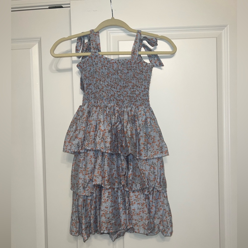 Blue Floral Adjustable Ties Small Ruffle Party Dress